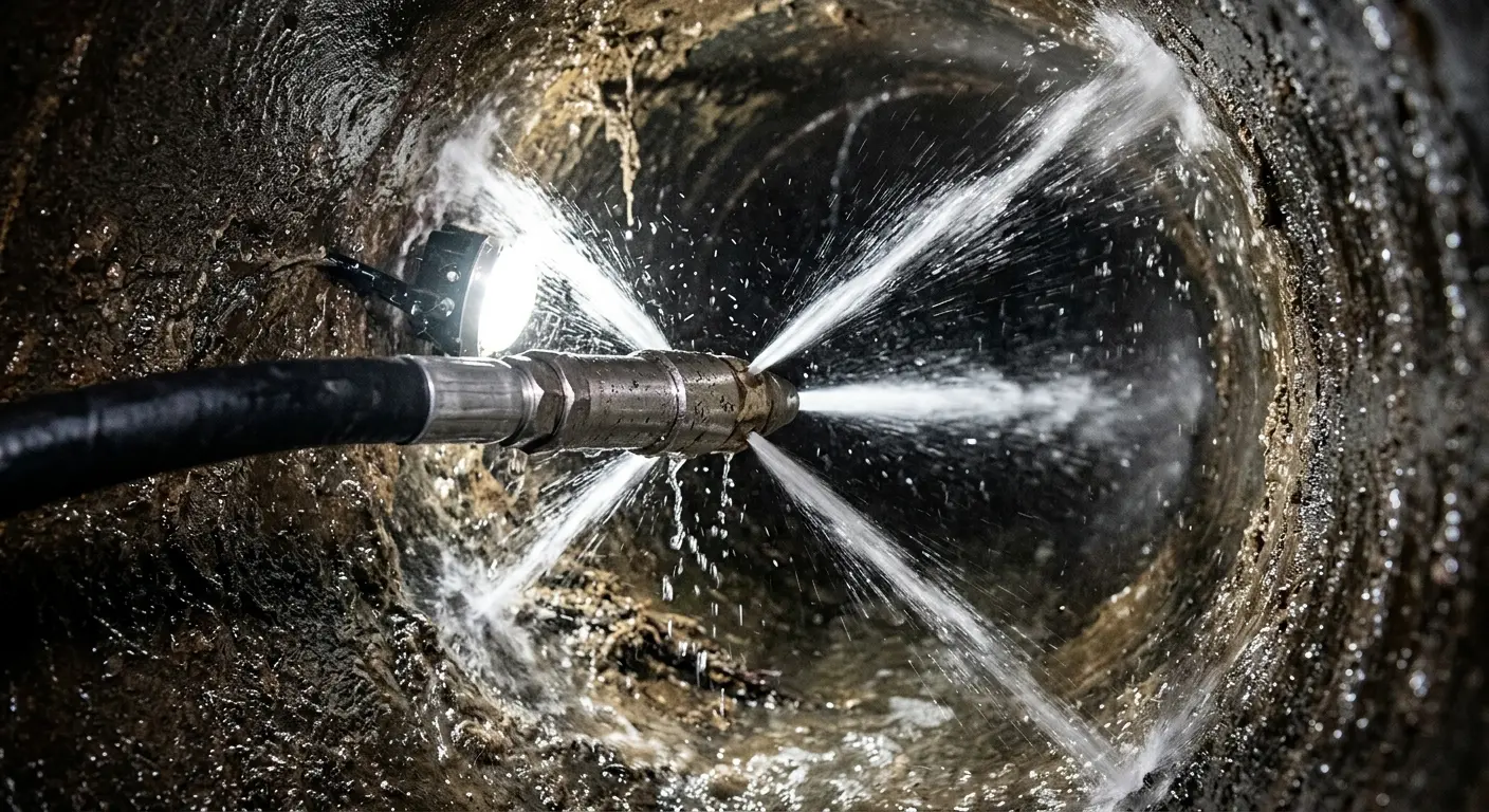 High-pressure hydro jetting nozzle cleaning sewer pipe for Storm Drain Cleaning in West Bradford