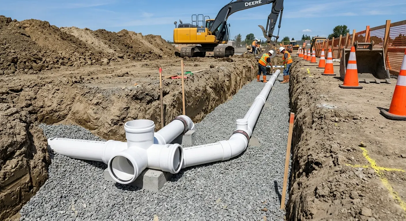 New PVC sewer pipe installation in open trench for Commercial Drain Cleaning in West Bradford