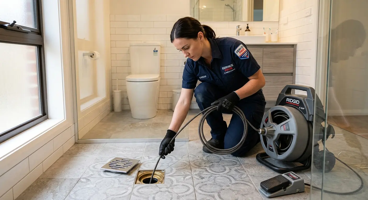 Technician clearing a bathroom floor drain for Sewer Line Installation in West Bradford